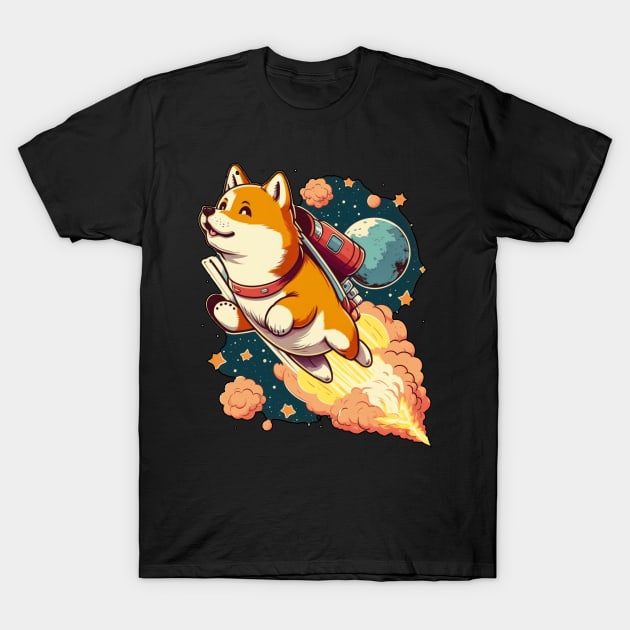 shiba inu flying into space with a rocket T-Shirt by bmron